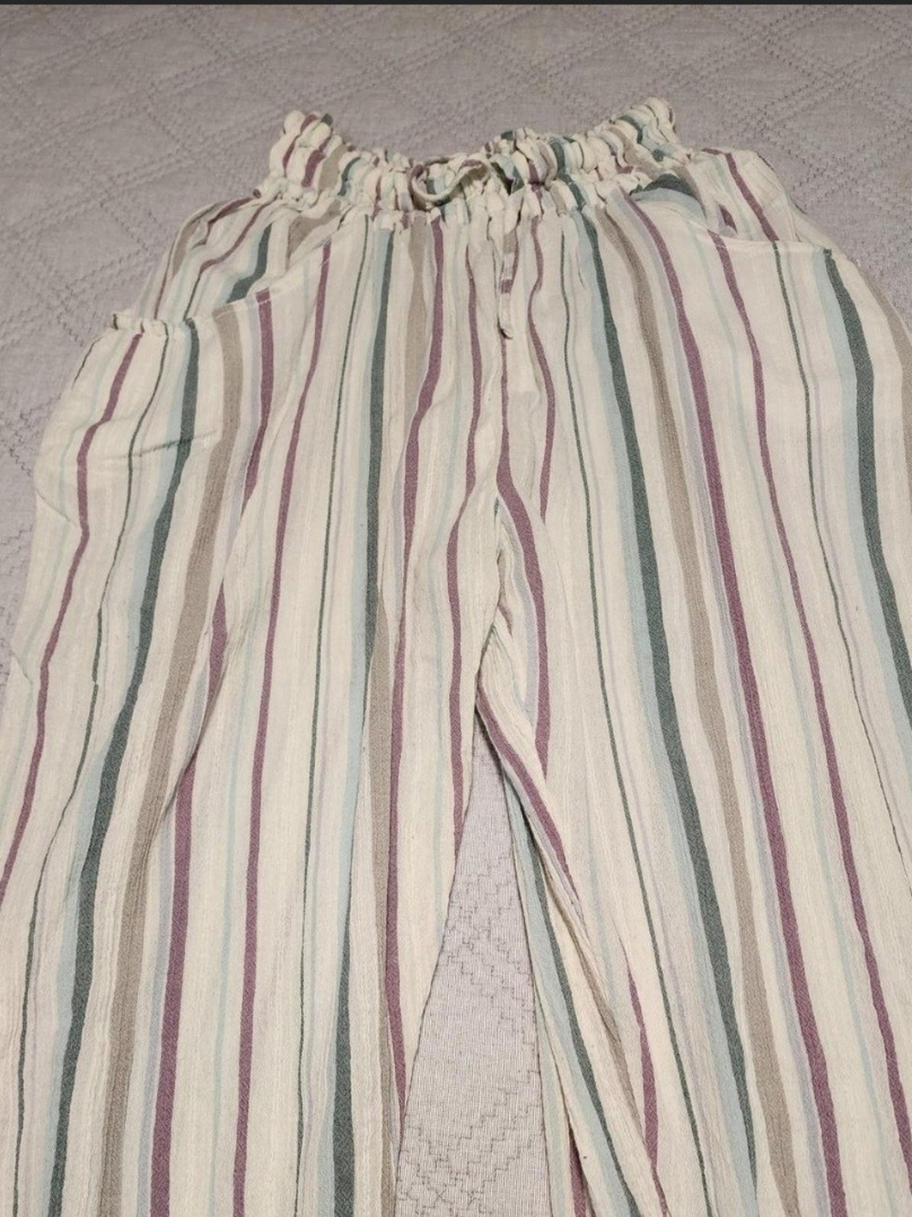 Free People Cream Striped Wide-Leg Paperbag Waist Pants